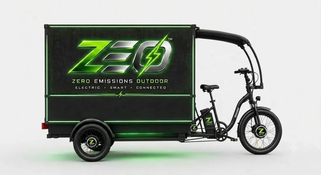 ZEO ADZ POD three-wheeled electric cargo bike with illuminated LED display panel