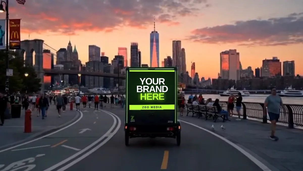 ZEO ADZ POD riding a waterfront promenade at sunset, three-sided LED panel lit, city skyline behind